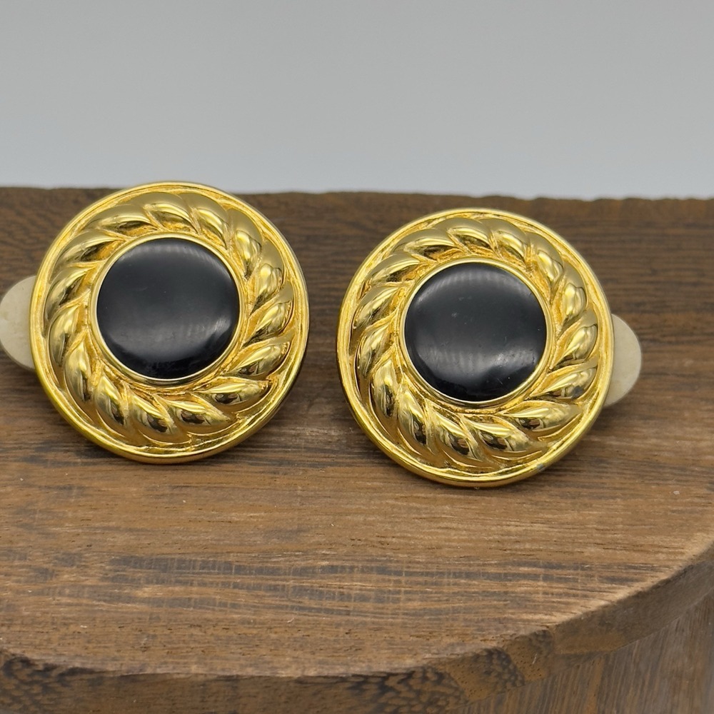 Vtg Anne Klein Oversized Clip On Earrings Gold Tone Black Center 1" Signed Round